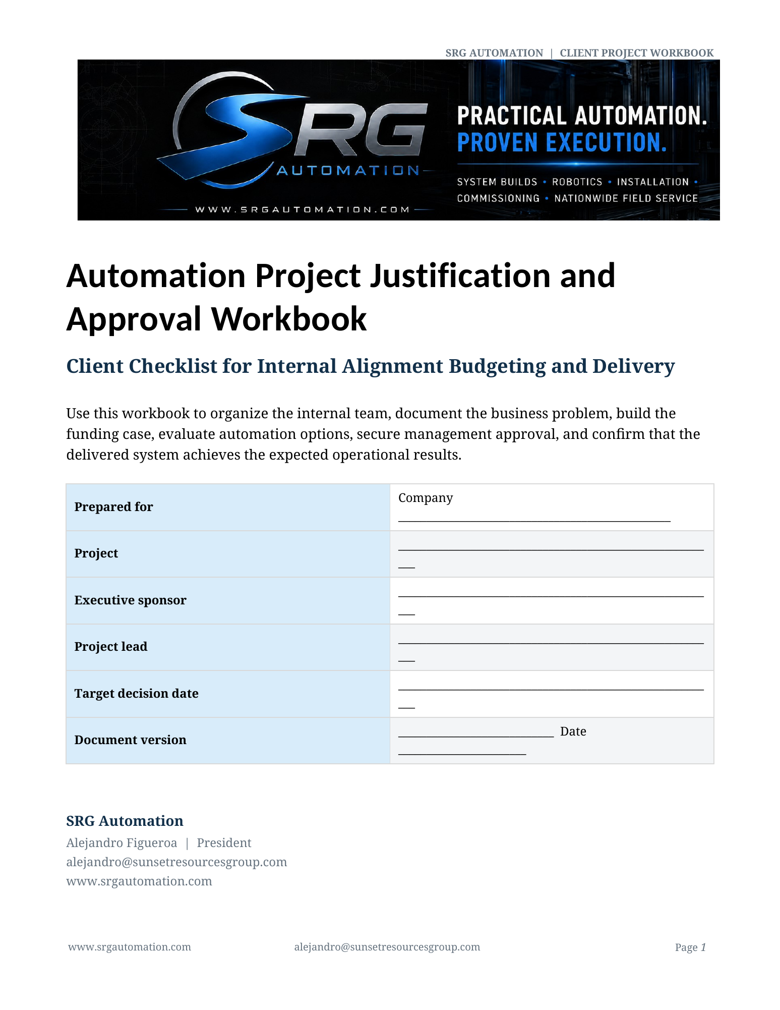 Cover of the SRG Automation Project Justification and Approval Workbook